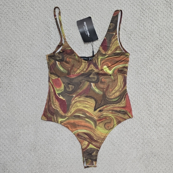 Khaki Printed Slinky Asymmetric Strap Bodysuit - Picture 1 of 9